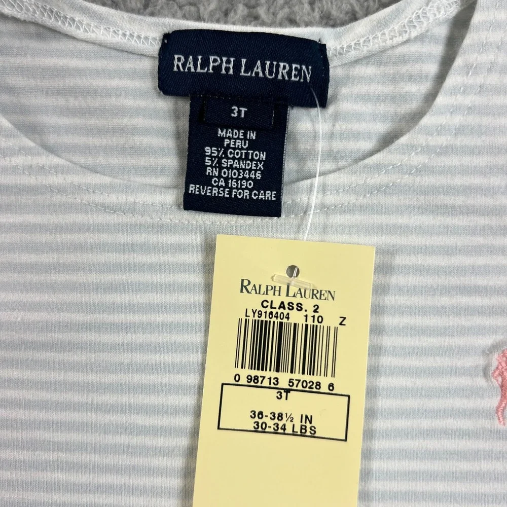 Ralph Lauren Striped T-Shirt‎ Girls 3T Light Blue White Lettuce Trim Logo Tee